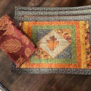 Autumnal Set of 3 Leaf Reversible Quilted Placemats and (3) Napkin Mismatch Set